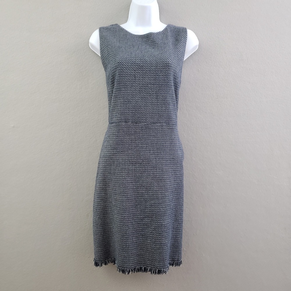 LOFT Womens 14 Sheath Dress Navy Blue White Textured Fringed Hem‎ Sleeveless